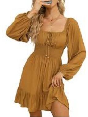 Long Sleeve Smocked Milkmaids Dress by Hesperus in Mustard Yellow. Medium